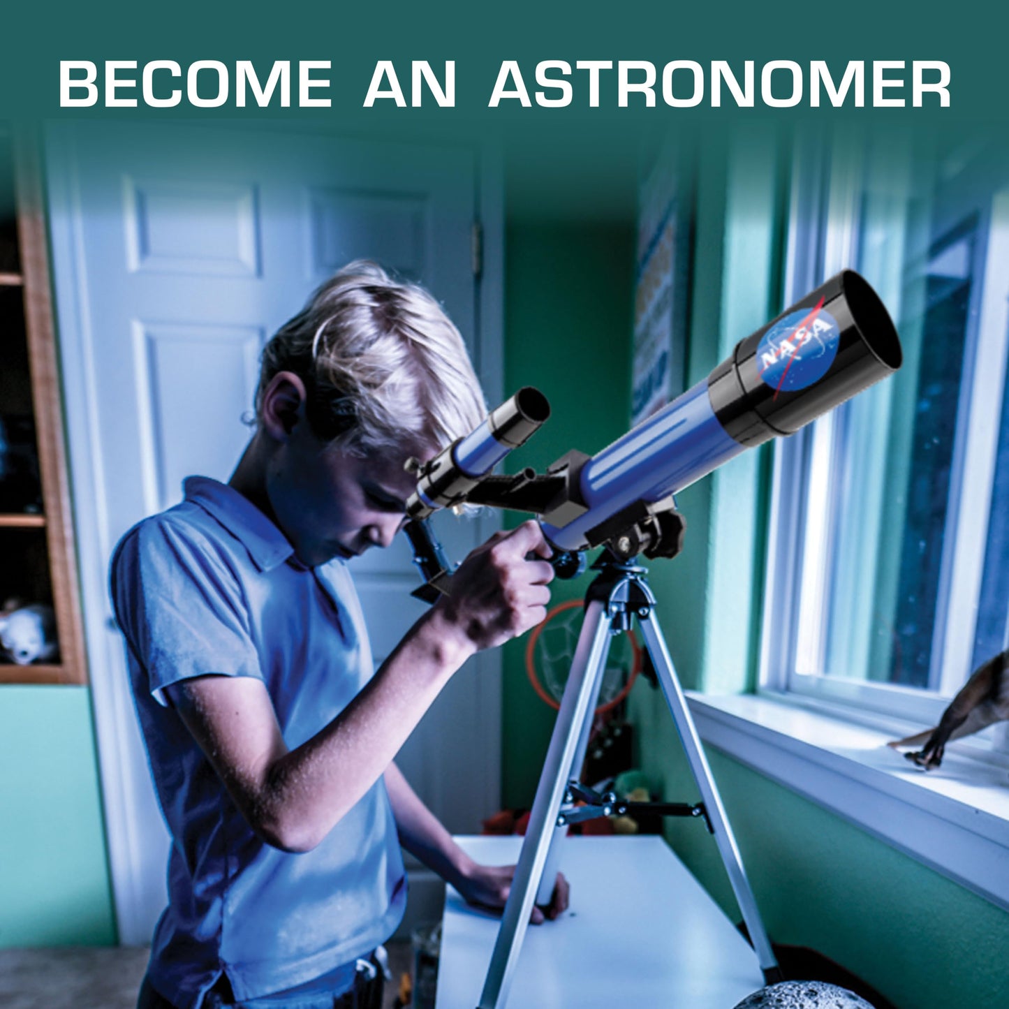 Blue Marble NASA Lunar Telescope for Kids with 90x magnification, tabletop tripod, two eyepieces, and finder scope for beginner astronomy