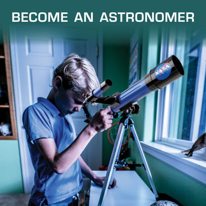 Blue Marble NASA Lunar Telescope for Kids with 90x magnification, tabletop tripod, two eyepieces, and finder scope for beginner astronomy