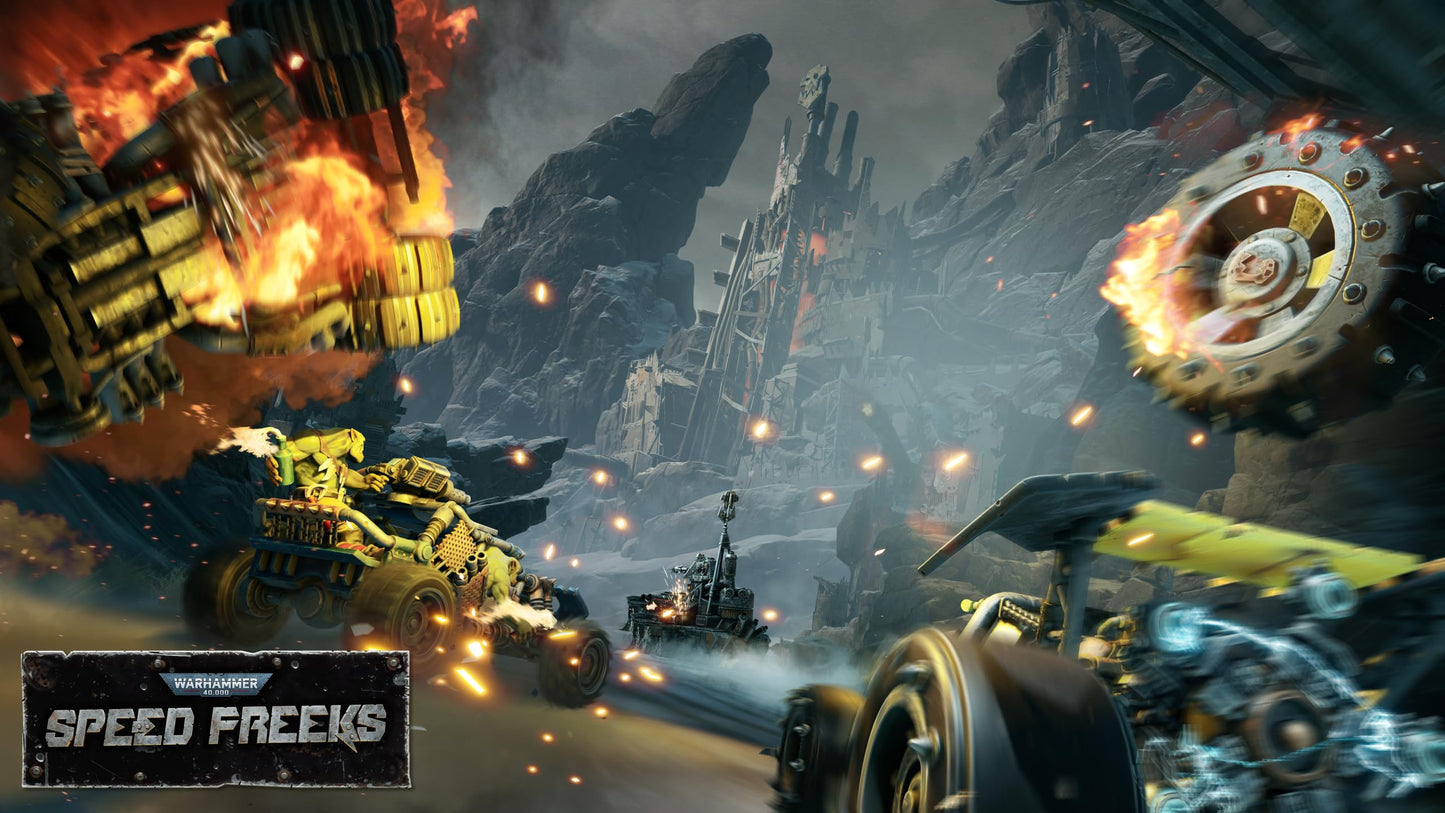 Warhammer 40,000: Speed Freeks PS5 game with cover art featuring vehicles and futuristic artwork by Wired Production.
