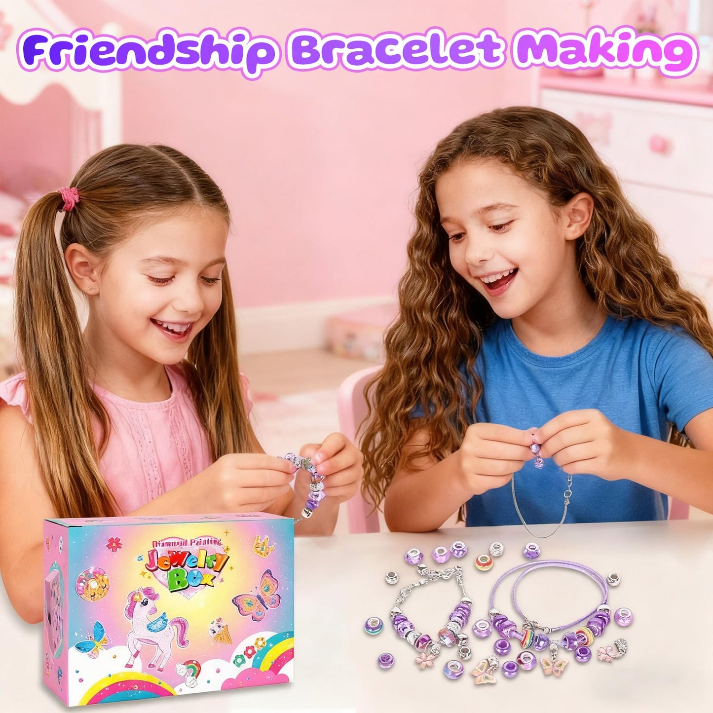 PinkSheep Wooden DIY Jewellery Box for Girl 6-12, Arts and Crafts Kits with Necklace Bracelet, Diamond Tape, Ddiamond Painting Box, DIY Pirate Treasure Chest Set for Kids (Purple Butterfly)