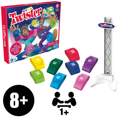 Hasbro Gaming Twister Air Party Game Includes 4 Twister Air Wrist Bands, 4 Twister Air Ankle Bands, Device Stand with clip, base, and post, and Game Rules For Ages 8+ Years