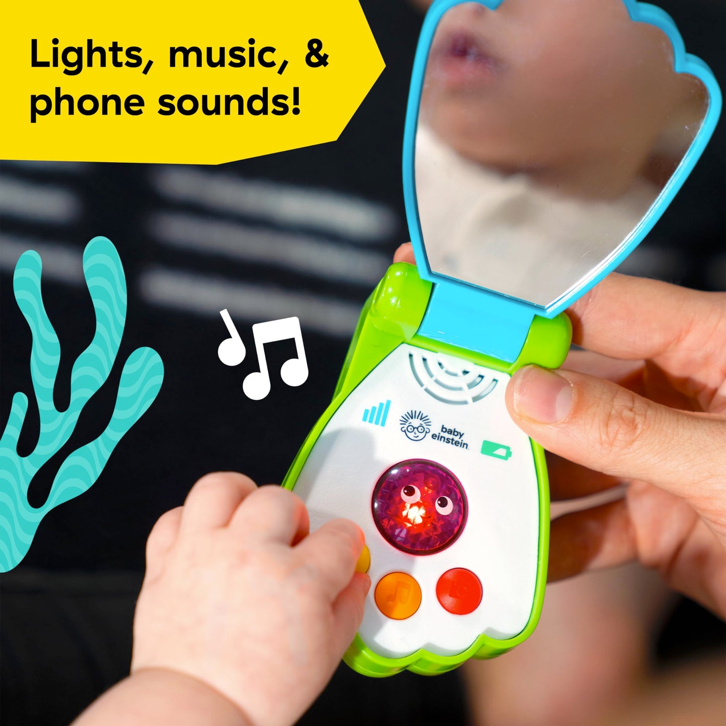 Baby Einstein Ocean Explorers Shell Phone musical toy for babies aged 6 months and up, featuring ocean-themed design and colorful buttons.