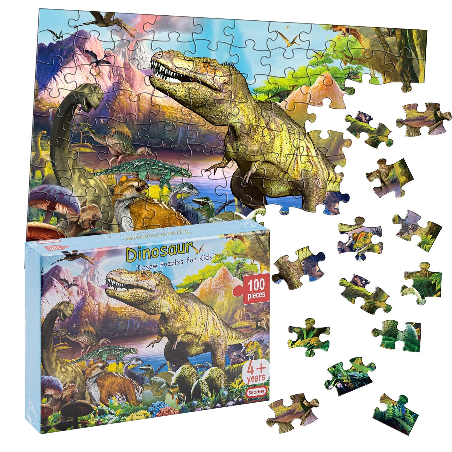Sitodier Dinosaur Puzzles for Kids, 100 Piece Jigsaw Puzzles for Kids Ages 4-8, Learning Educational Puzzle Toys for Toddlers Boys Girls 4 5 6 7 8 Years Old