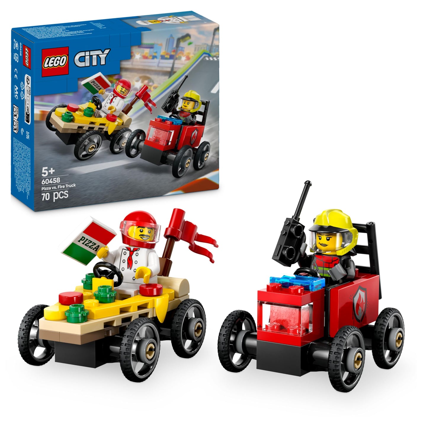 LEGO City Pizza vs. Fire Truck Race Car Pack with two minifigures and colorful soapbox cars for imaginative play.