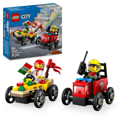LEGO City Pizza vs. Fire Truck Race Car Pack with two minifigures and colorful soapbox cars for imaginative play.