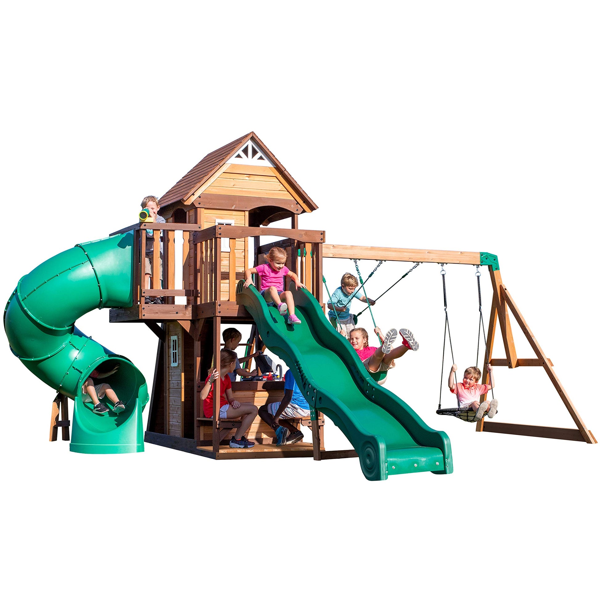 Backyard Discovery Cedar Cove cedar wood swing set with wave slide, tube slide, rock wall, web disc, and belt swings for kids outdoor play