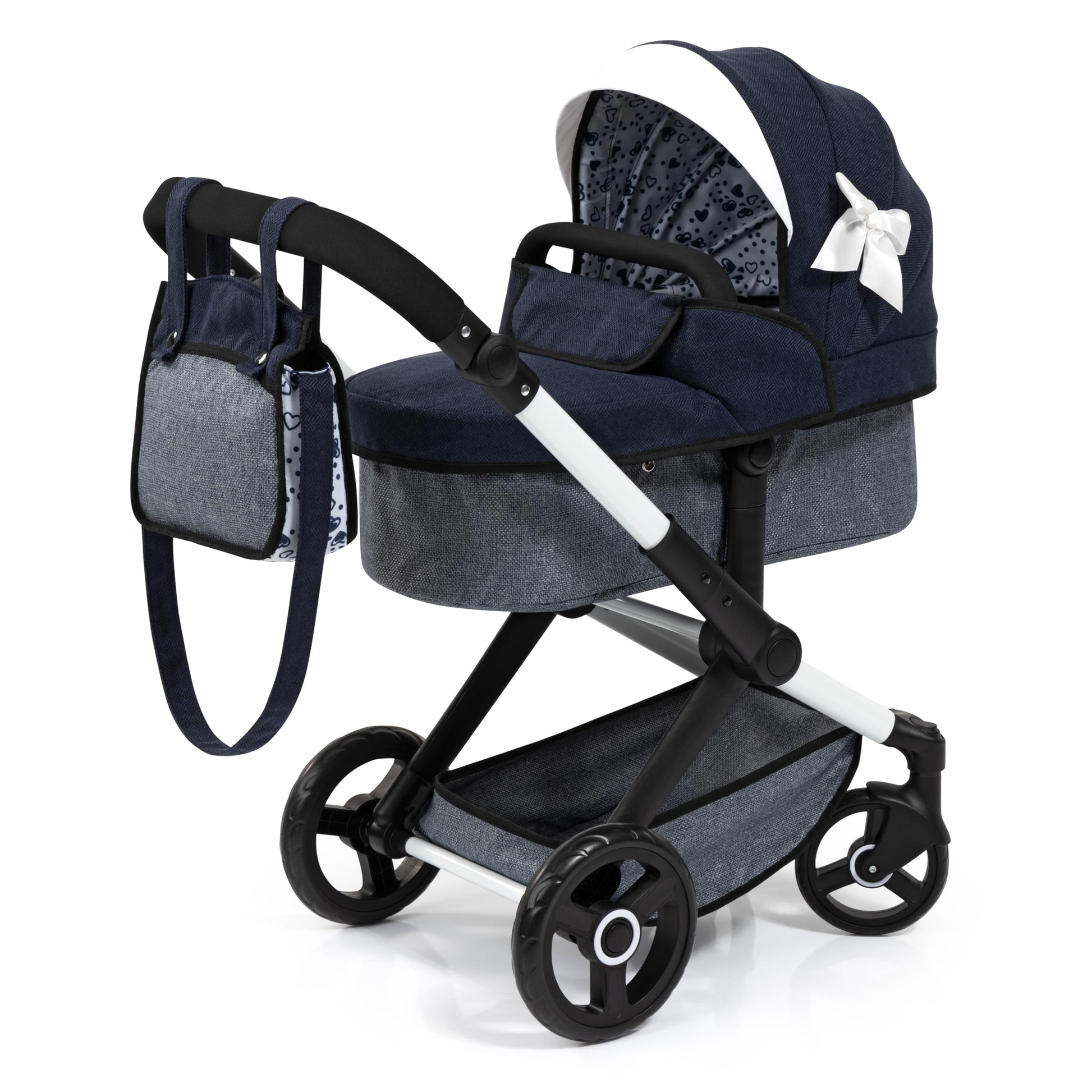 Bayer Baby Dolls Pram XEO in navy blue with ribbon, convertible doll pushchair, carrycot, changing bag, adjustable handle for girls