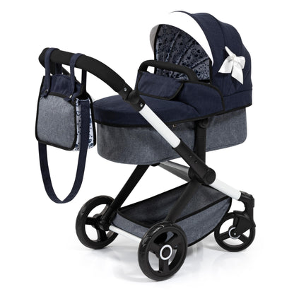 Bayer Baby Dolls Pram XEO in navy blue with ribbon, convertible doll pushchair, carrycot, changing bag, adjustable handle for girls