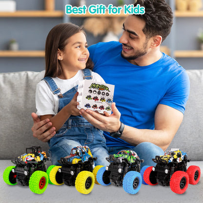 m zimoon Monster Truck, 4pcs Inertia Toy Cars 360° Rotation Friction Powered Off-road Vehicles Pull back car Christmas Birthday Gifts for 3/4/5/6 Years Old Toddlers Boys Girls
