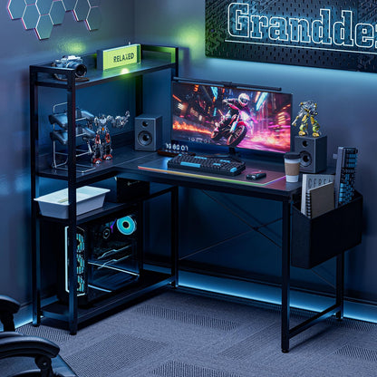 Grandder 100x80 cm L Shaped Gaming Desk with Reversible Storage Shelves, Computer Desk Home Office Corner Study Writing Table with Hutch, Study, Black