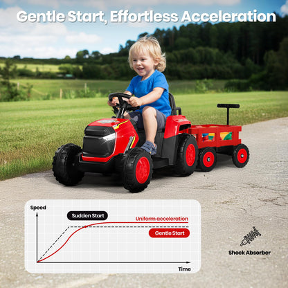 H.yeed Kids Ride on Tractor and Trailer Aged 3-6, 12V Battery Powered Electric Toy Car with Remote Control, Bluetooth Music, LED Lights & USB for Boys, Girls (Red)