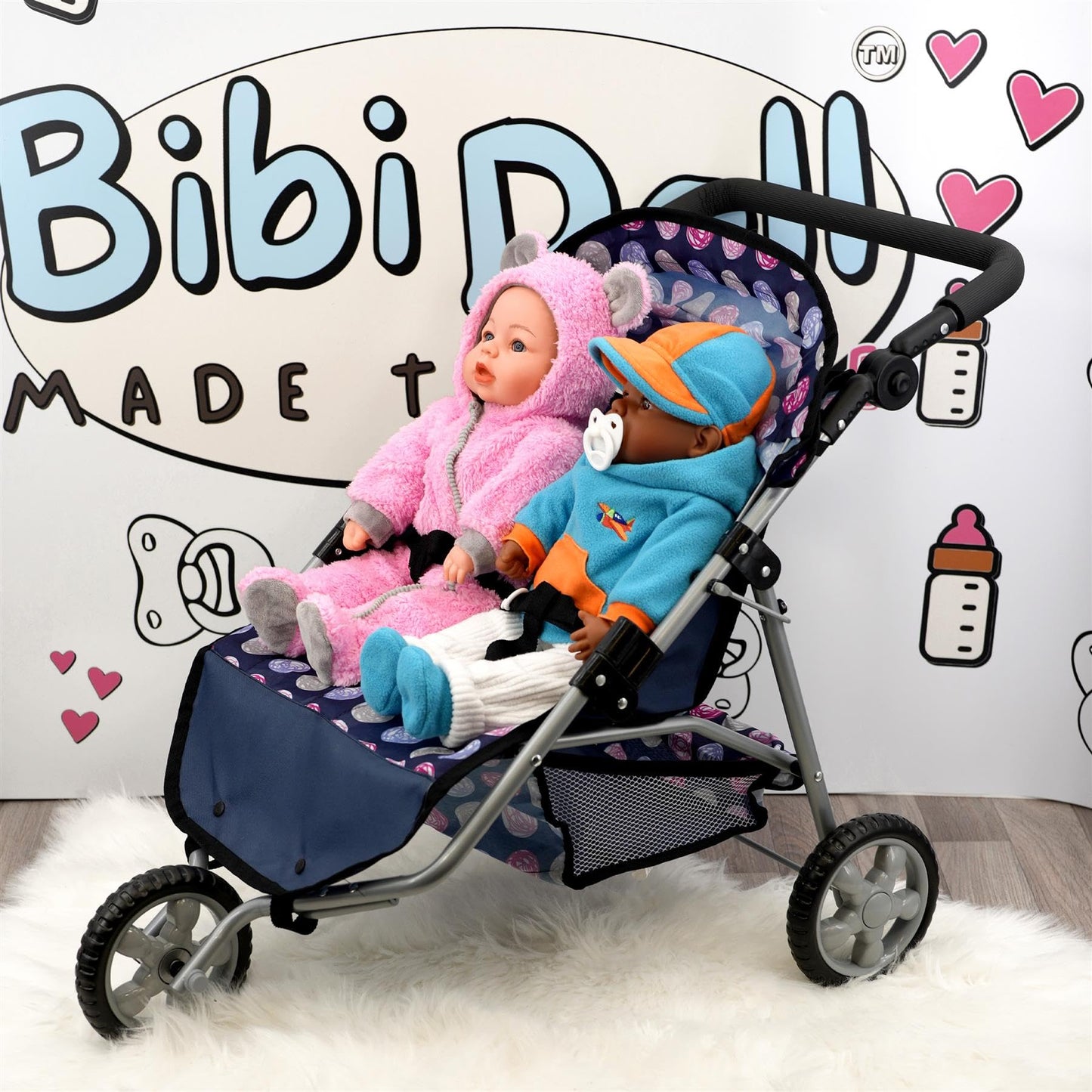 The Magic Toy Shop BiBi Doll Blue Twin Stroller, Ideal Twin Dolls Prams and Pushchairs - Adjustable Canopy and Handle, Under Storage Space, Collapsible - Dolls Double Buggy Toy Pram Double Dolls Pram