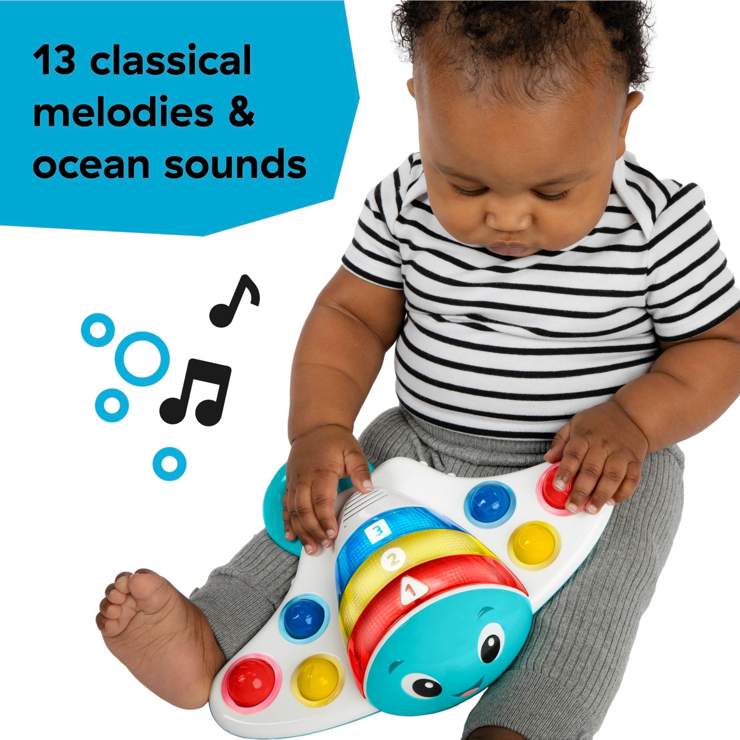 Baby Einstein Ocean Explorers Stingray Popper toy for babies aged 6 months and up, featuring colorful ocean-themed design