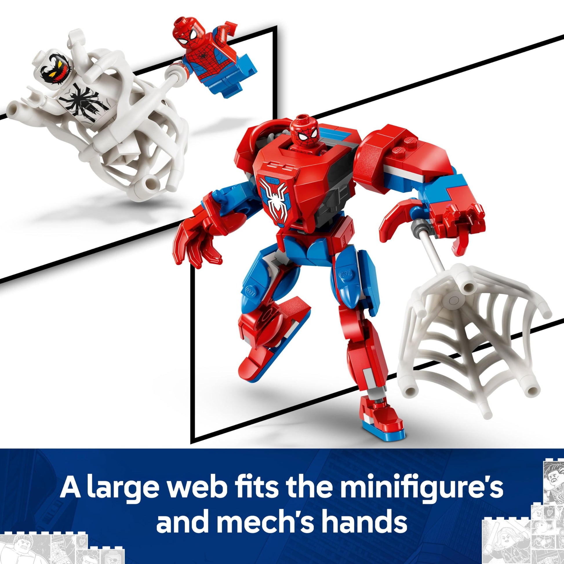 LEGO Marvel Spider-Man Mech vs. Anti-Venom set featuring minifigures for creative play, ideal for kids aged 6 and up.