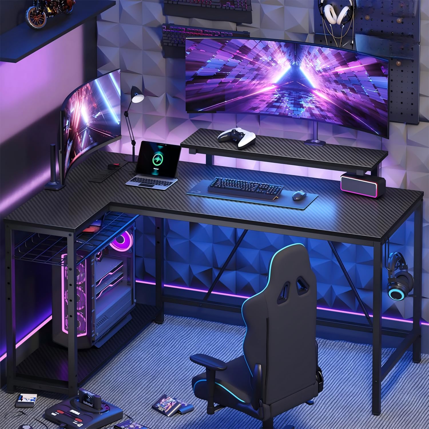 Bestier 132.5cm L-shaped home office workstation with carbon fibre surface, LED lights, shelves, hooks, 3 power outlets, and USB ports
