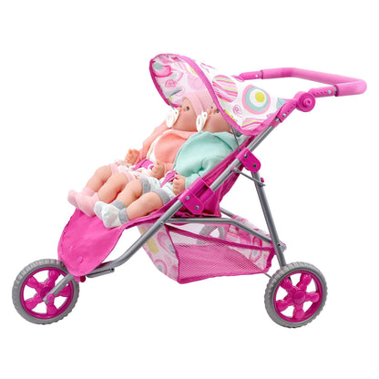The Magic Toy Shop BiBi Doll Pink Twin Stroller, Ideal Twin Dolls Prams and Pushchairs - Adjustable Canopy and Handle, Under Storage Space, Collapsible - Dolls Double Buggy Toy Pram Double Dolls Pram