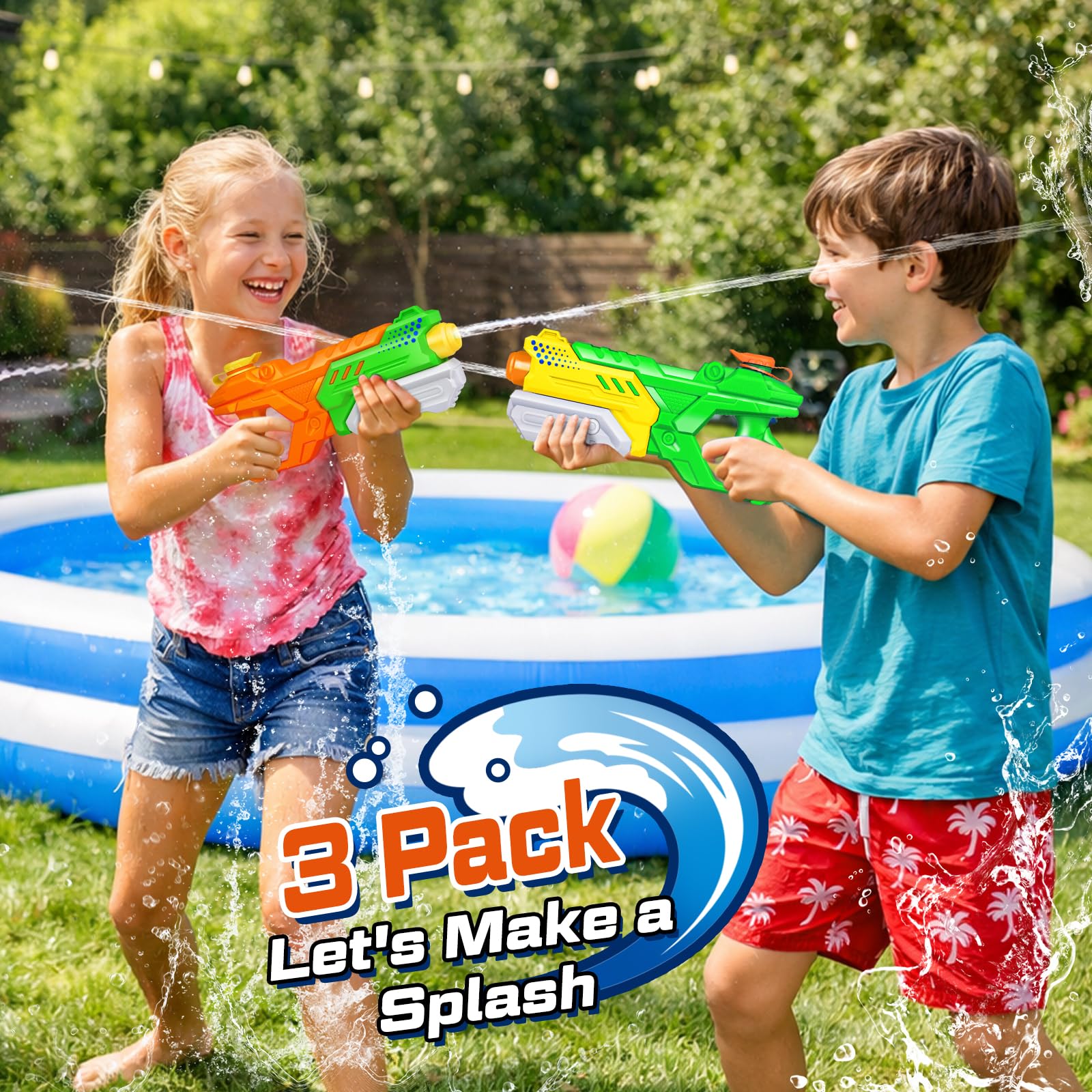 Quanquer water pistol set with three 600ML water guns, long-range, colorful, perfect for kids’ outdoor summer water fights.