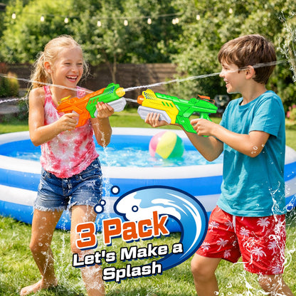 Quanquer water pistol set with three 600ML water guns, long-range, colorful, perfect for kids’ outdoor summer water fights.