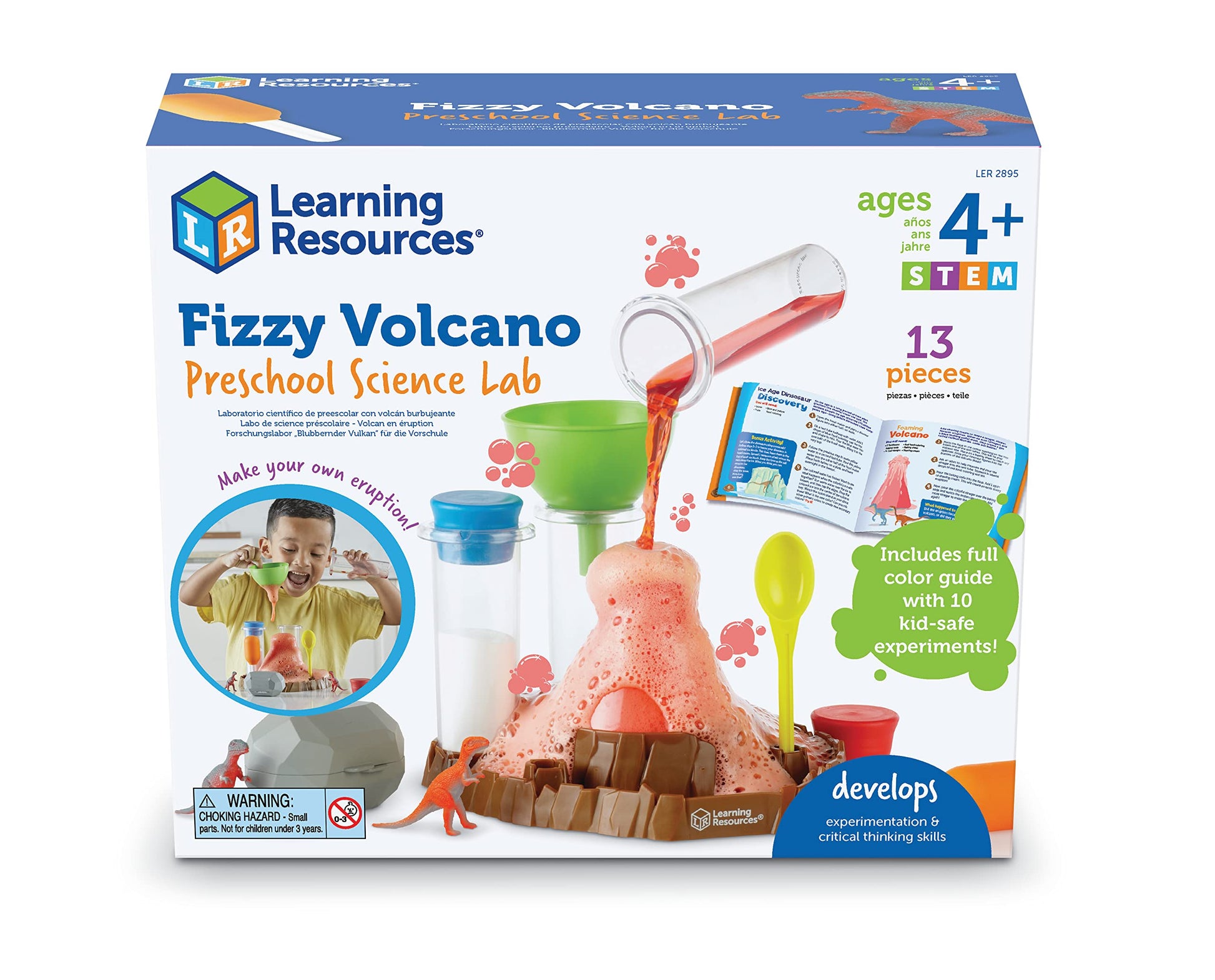 Learning Resources Fizzy Volcano preschool science lab set with 13 pieces, includes foam and fizz chemistry experiments for kids.