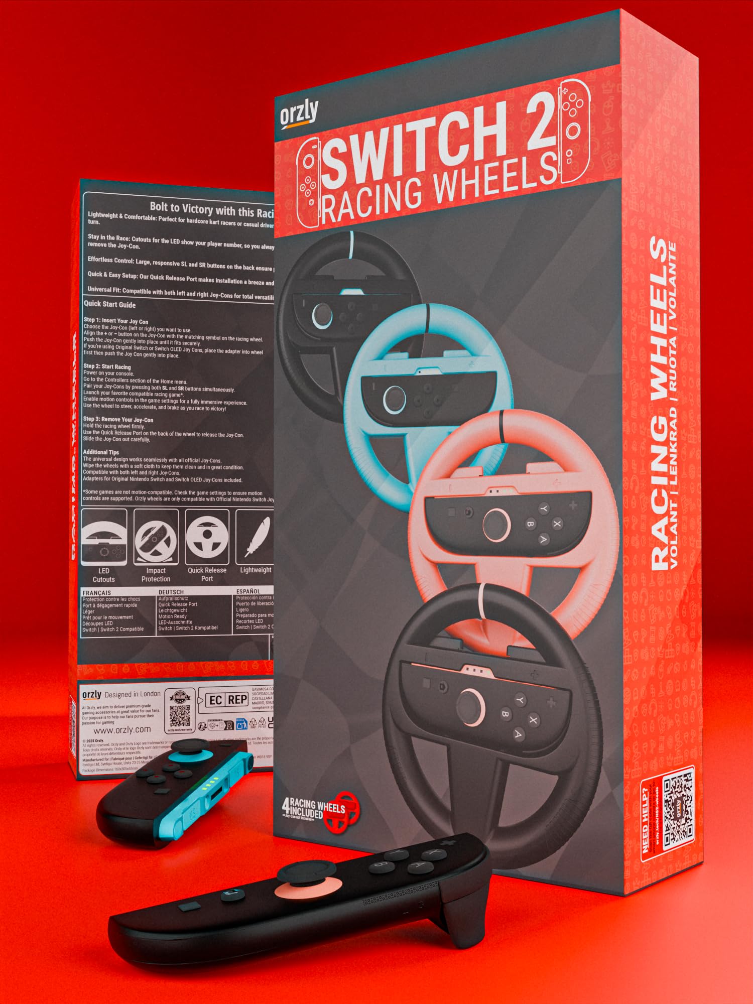 Orzly Racing Steering Wheel attachments for Nintendo Switch Joy-Con, includes 4 black, blue, and red controllers for racing games.