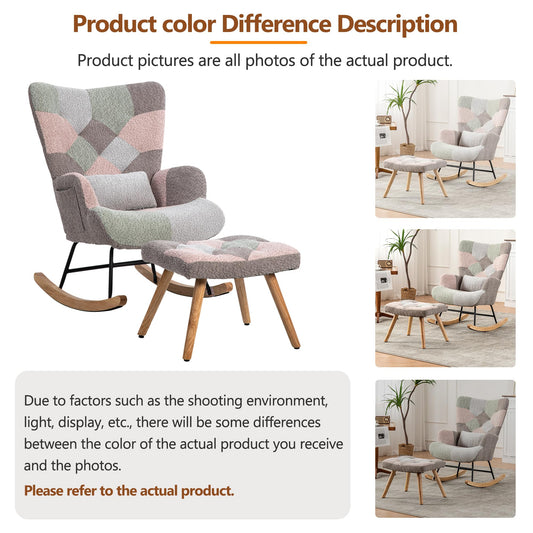 BTM rocking nursery chair with footstool, pillow, and side pocket, suitable for living room, bedroom, or office use. Multicolor design.