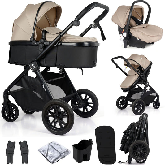 For Your Little One Cruise 3-in-1 Travel System with i-Size Car Seat, Stroller, 13kg Pram, Height Adjustable Handle, Pram, Newborn 0-4 Years Free Raincover and Cupholder (Dune Beige)