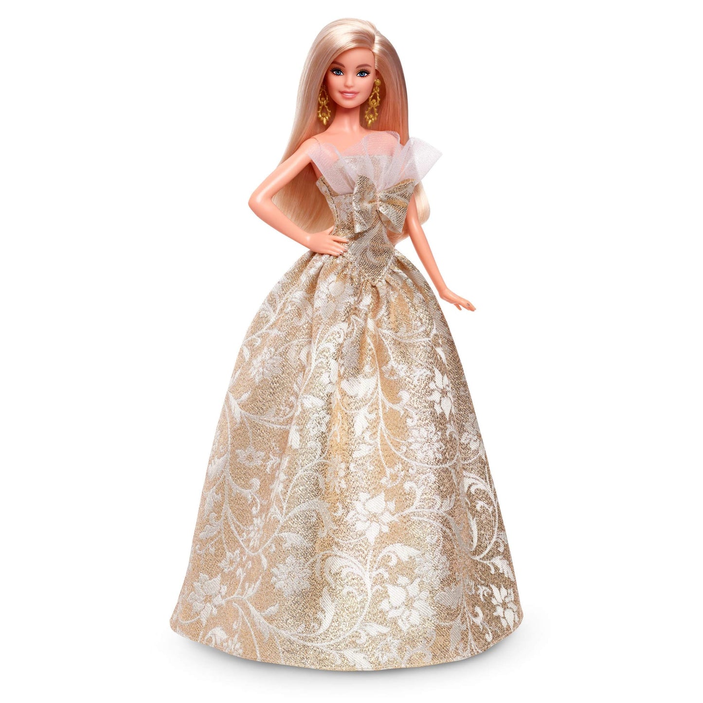 Barbie Signature Holiday Barbie doll in silver and gold gown, seasonal collector in display packaging with stand.