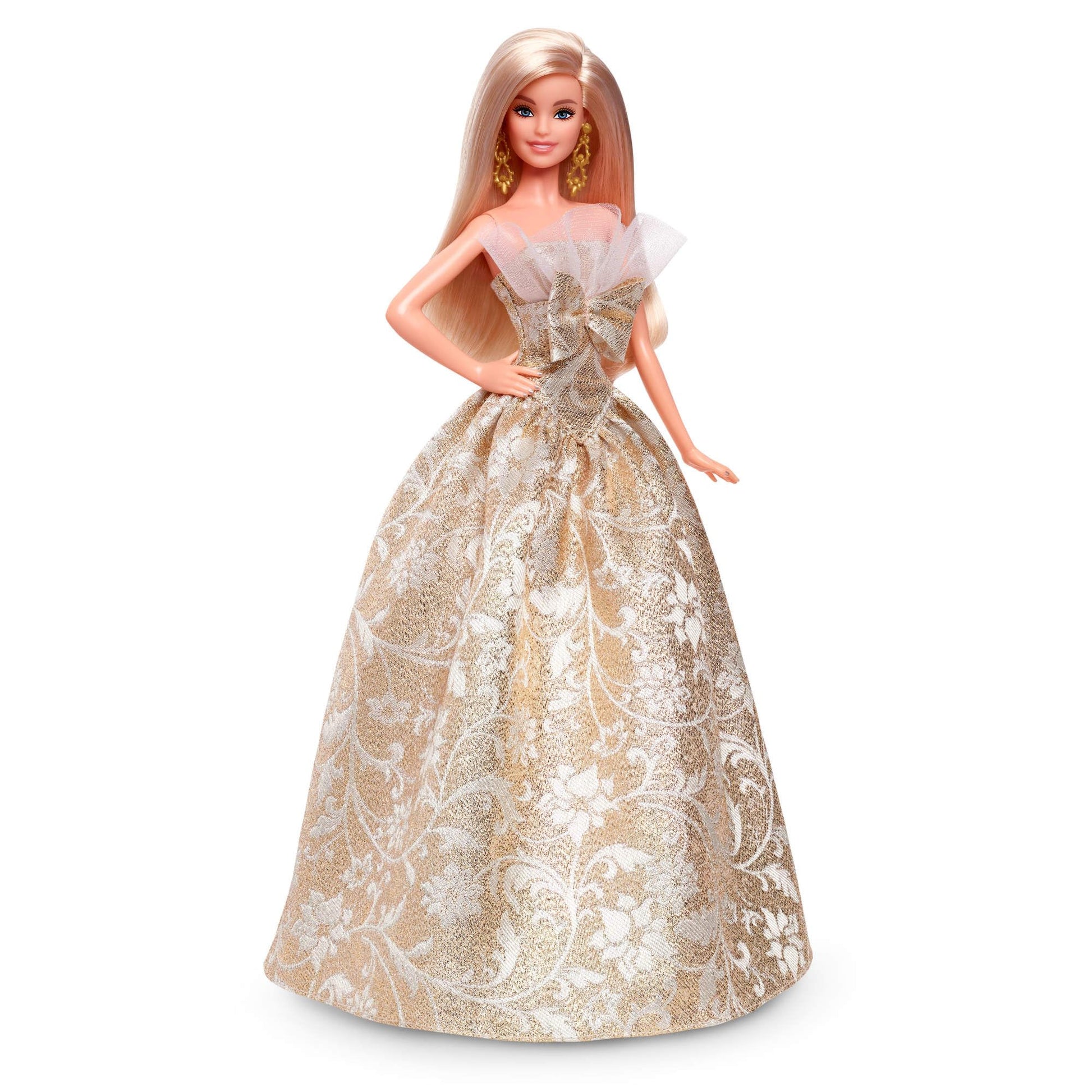 Barbie Signature Holiday Barbie doll in silver and gold gown, seasonal collector in display packaging with stand.