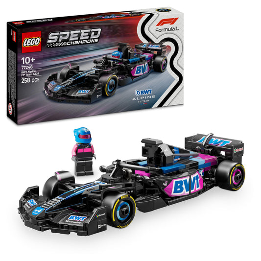LEGO Speed Champions BWT Alpine F1 Team A524 race car toy with collectible Formula 1 driver minifigure and model kit details.