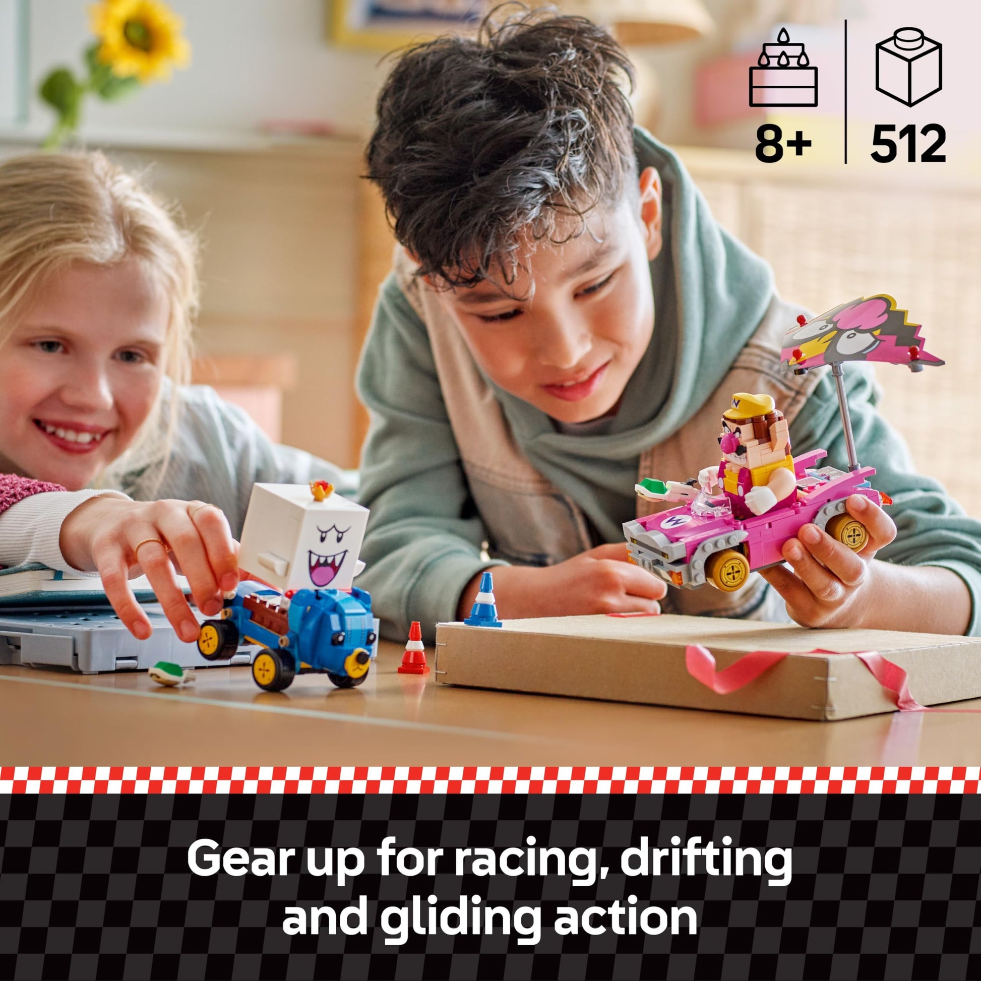 LEGO Super Mario Wario & King Boo interactive toy with 2 cars and figures, ideal for play and display by kids aged 8 and up.