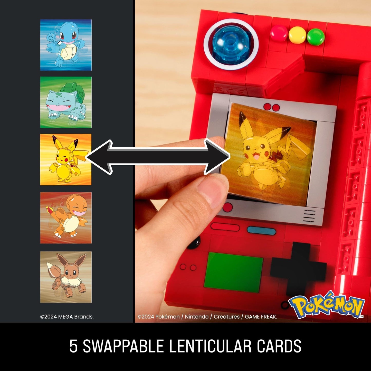 MEGA Pokémon Building Toys Set featuring Kanto Region Pokédex with 322 pieces and lenticular cards on a display.