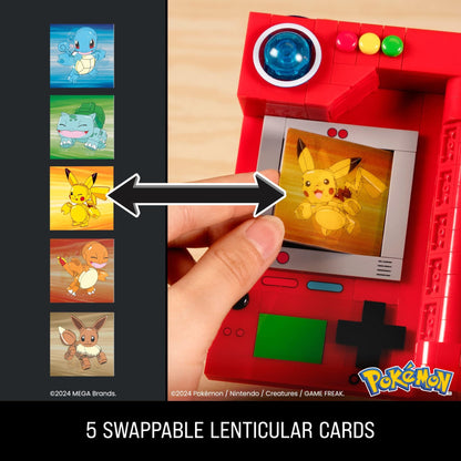 MEGA Pokémon Building Toys Set featuring Kanto Region Pokédex with 322 pieces and lenticular cards on a display.