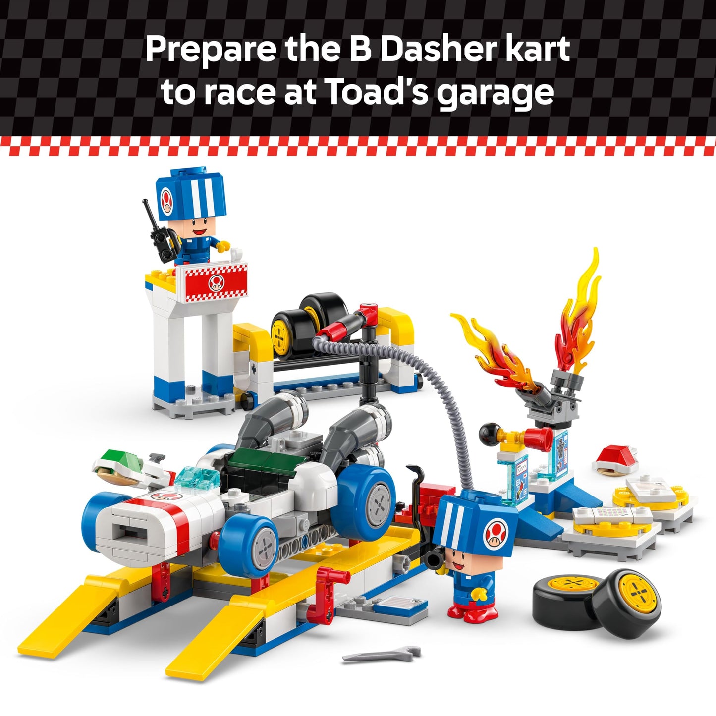 LEGO Super Mario Mario Kart Toad’s Garage set featuring LEGO Toad figures and detailed garage scene for kids and gamers.