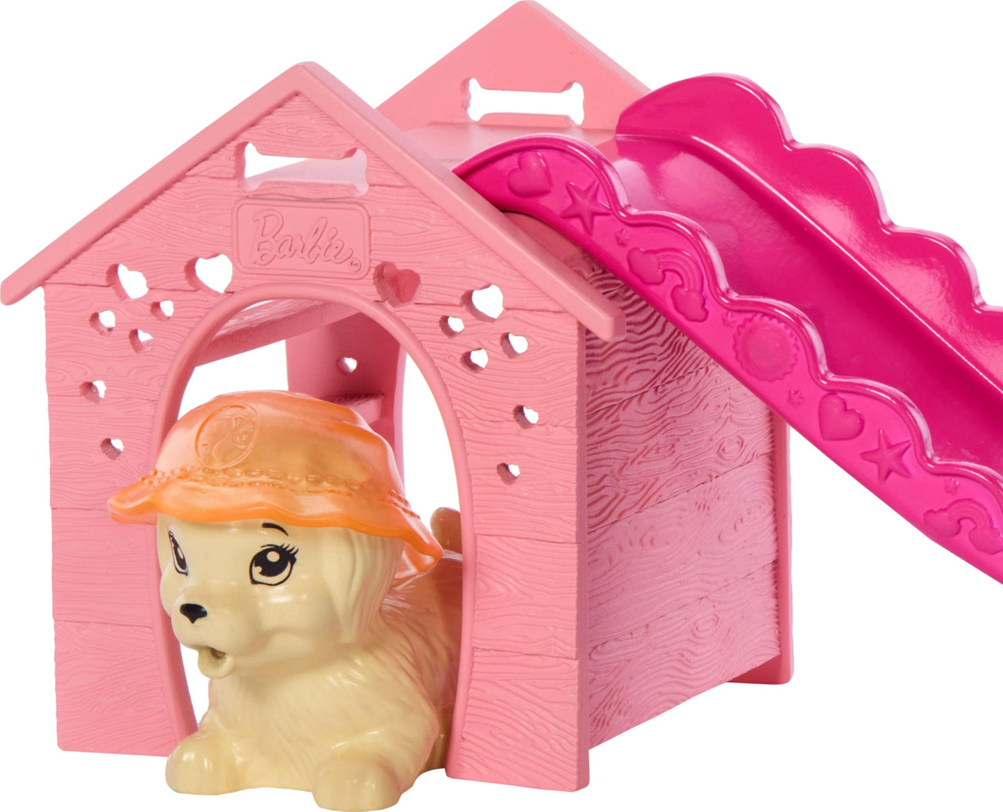 Barbie Puppy Pool Party toy playset featuring fashion doll, doghouse, slide, heart-shaped pool, two pet dogs, accessories, and color change.
