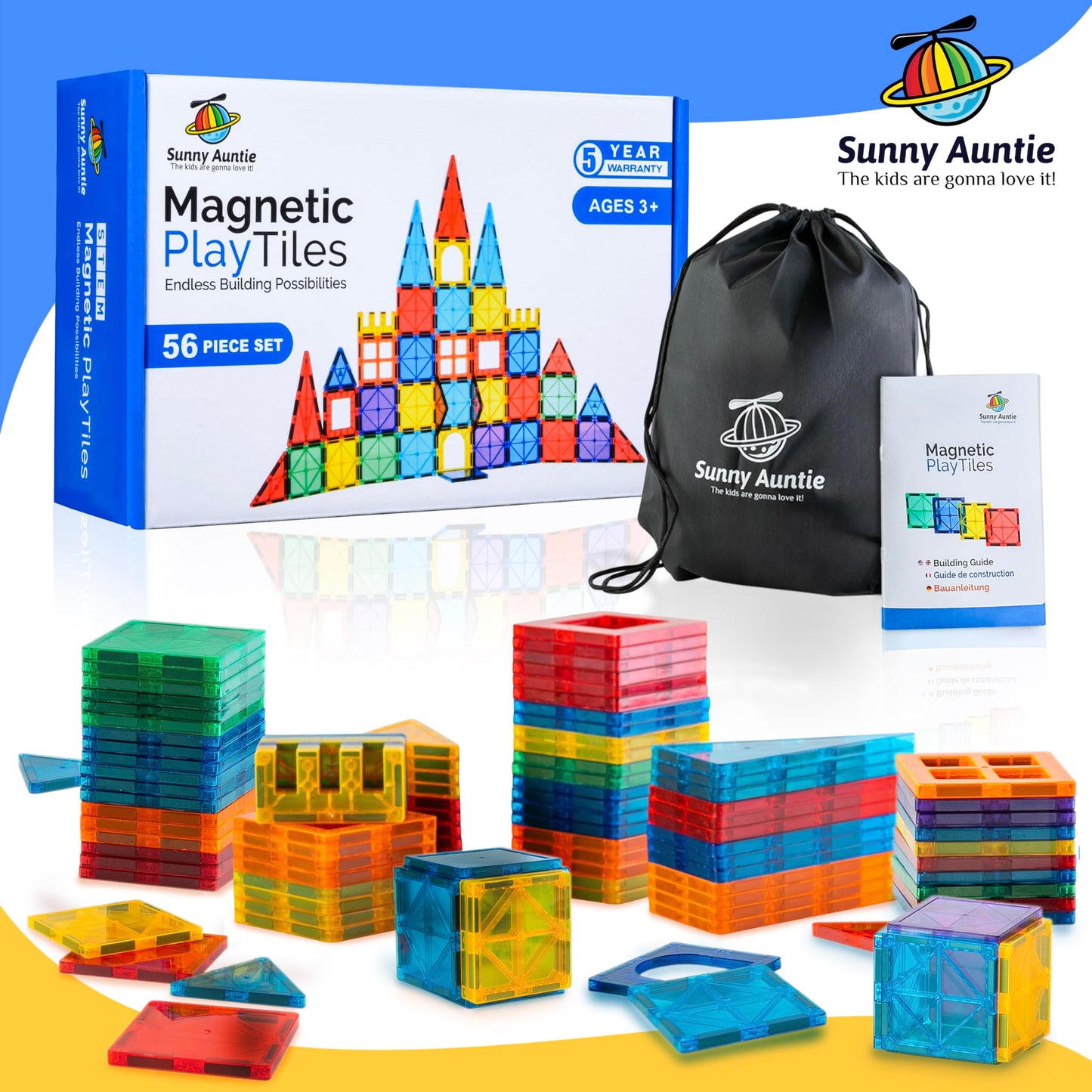 SUNNY AUNTIE Magnetic Tiles 56 PCS, Toy for 3 4 5 6 Year Old Boys Girls Kids & Toddlers, Magnetic Blocks Building Set for kids, STEM Educational Building Toy, Great Gift for Kids Aged 3-8
