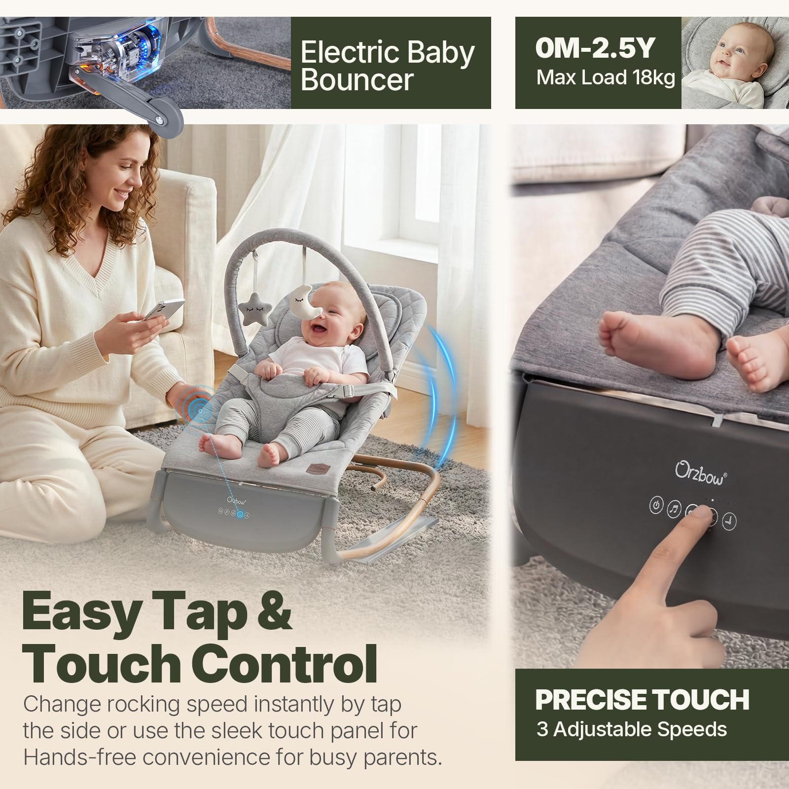 Orzbow electric baby bouncer in dove grey with touch control, adjustable swing speeds, lullabies, and timer modes for infants 0-30 months.