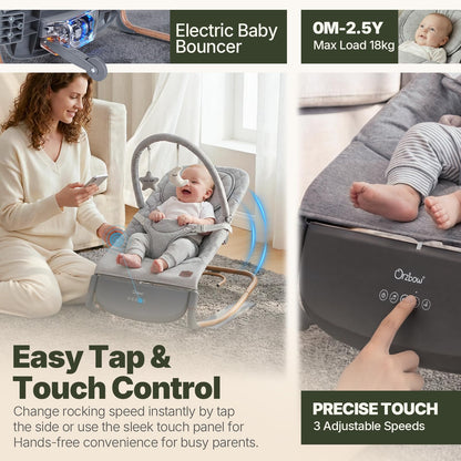 Orzbow electric baby bouncer in dove grey with touch control, adjustable swing speeds, lullabies, and timer modes for infants 0-30 months.