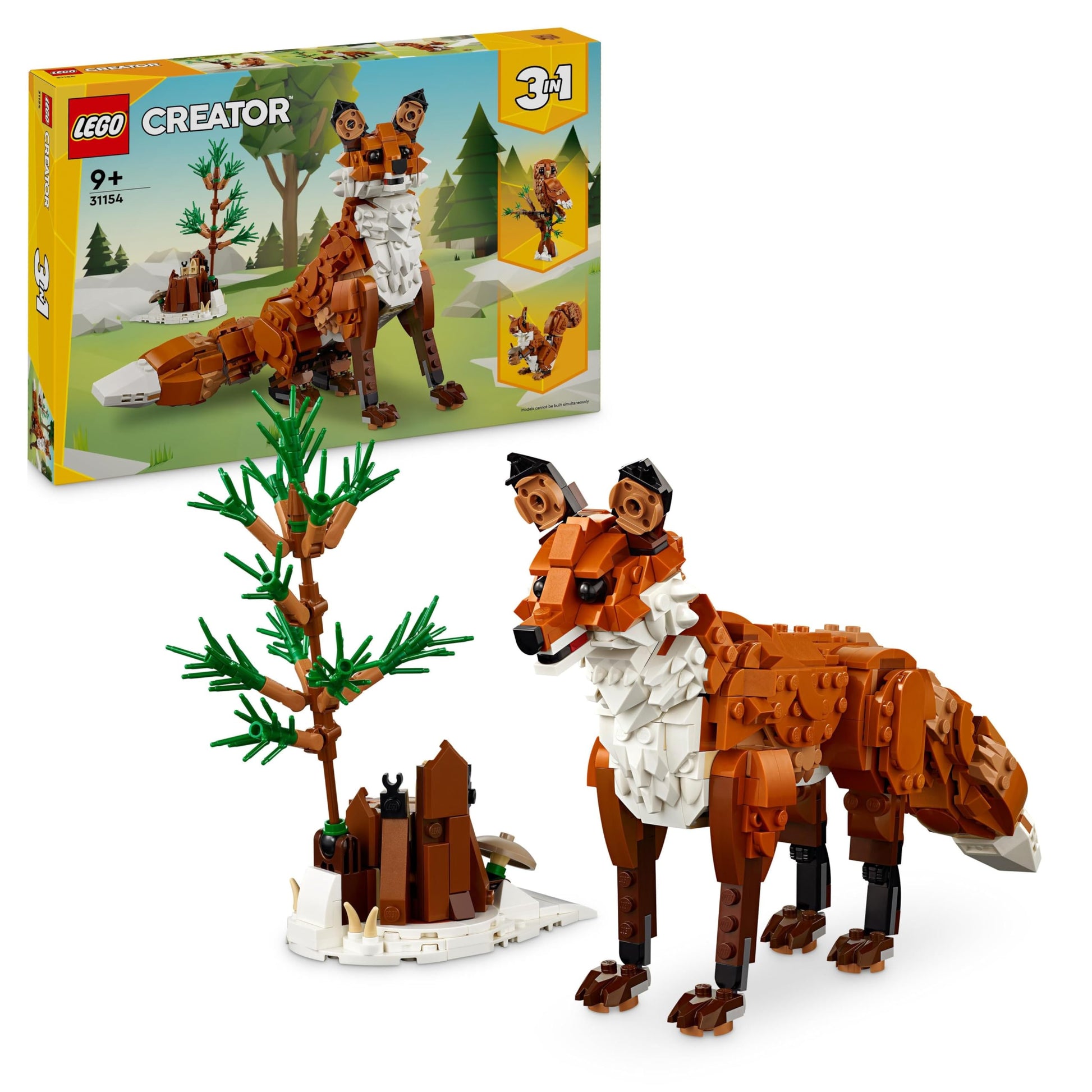 LEGO Creator 3in1 Forest Animals set featuring a red fox, owl, and squirrel models for kids aged 9 and up.