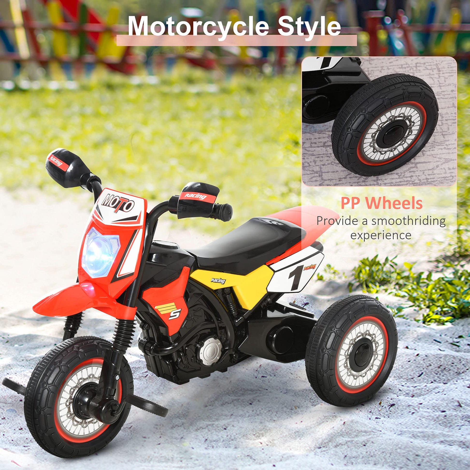 HOMCOM trike for kids featuring a red pedal motorcycle with music, lights, and colorful handlebar stickers for toddlers.
