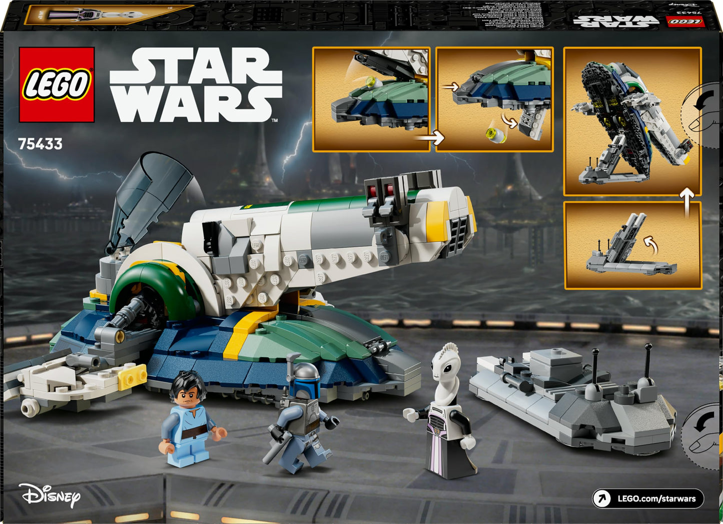 LEGO Star Wars 75433 Jango Fett's Starship with rotating wings and minifigures, including Boba Fett from Attack of the Clones.