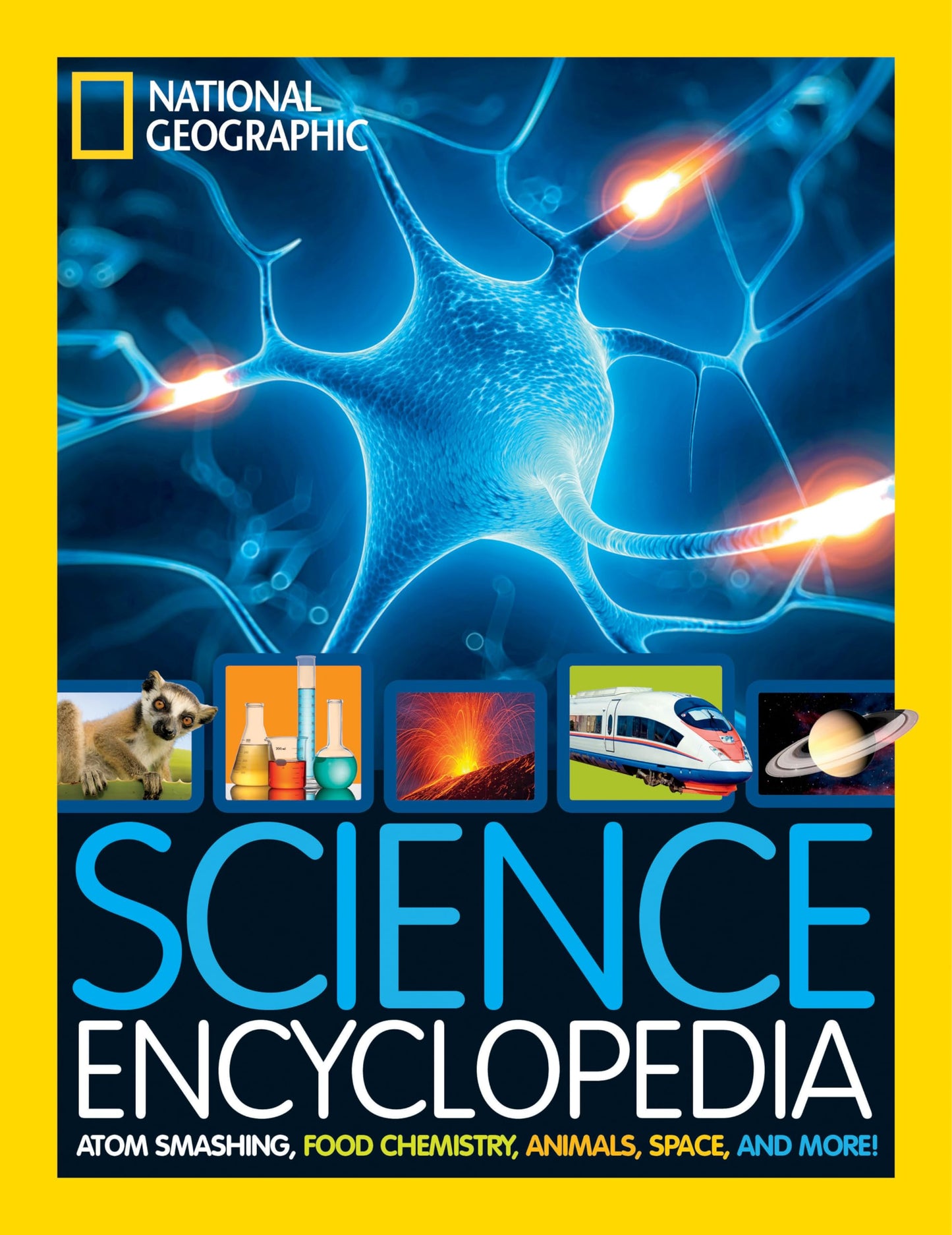 Colorful cover of National Geographic Kids Science Encyclopedia featuring images of atoms, animals, food, and space.