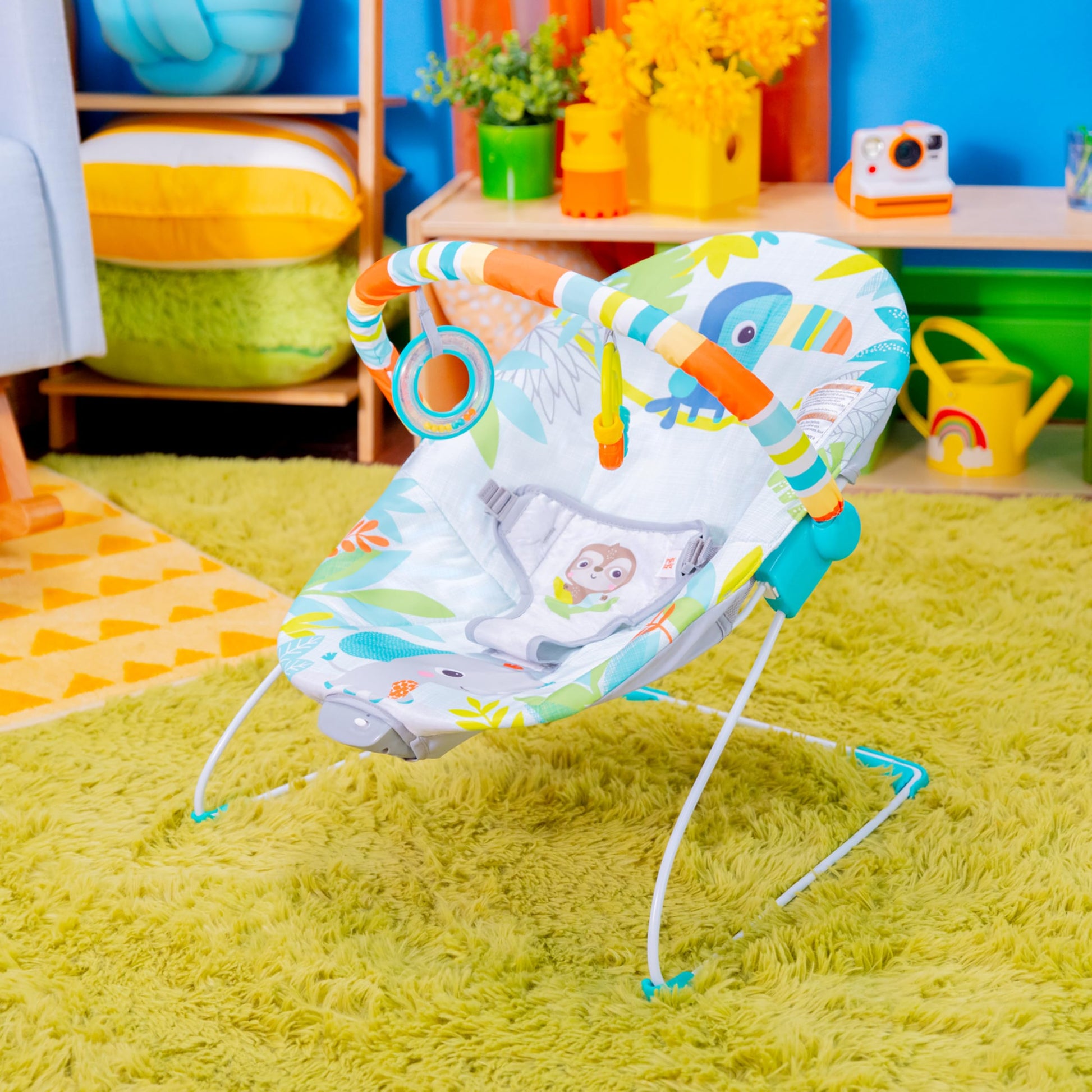 Bright Starts Baby Bouncer with soothing vibrations, removable toy bar, nonslip feet, suitable for infants 0-6 months up to 20 lbs.