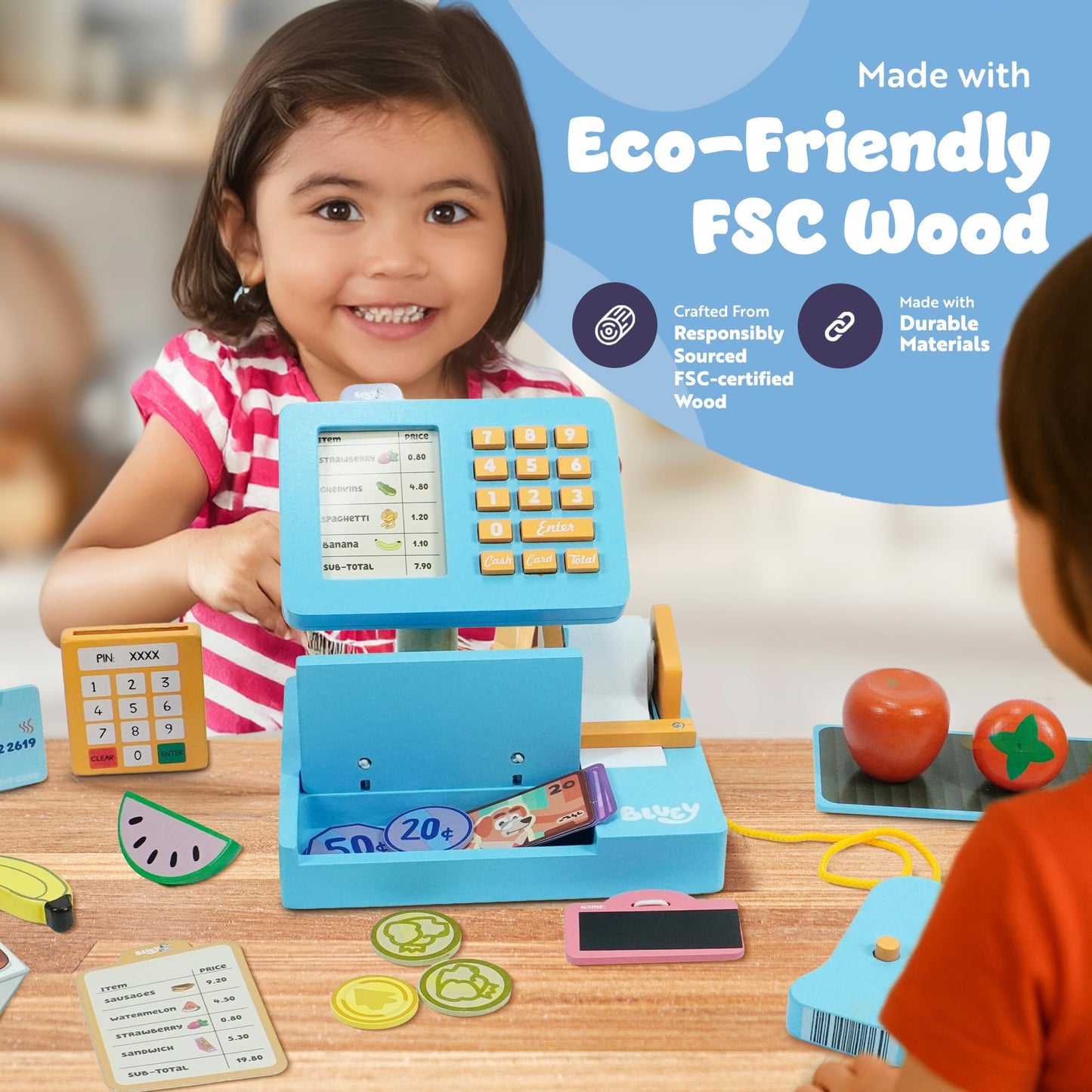 Bluey cash register toy with scanner, play money, food accessories, credit card, and sound effects for interactive kids' shop play.