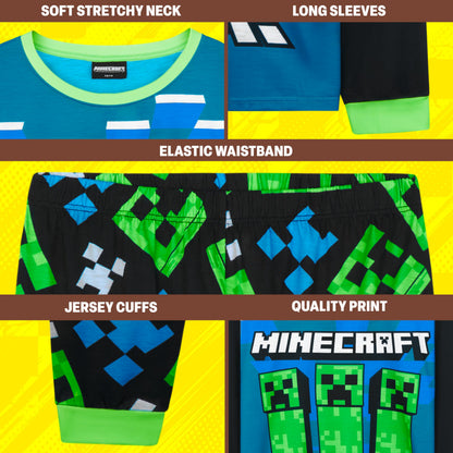 Get Trend Minecraft Boys Pyjamas Set, Long PJs for Kids & Teens, Creeper Loungewear Soft Nightwear, Gamer Gifts for Boys (11-12 Years, Blue/Green Minecraft)