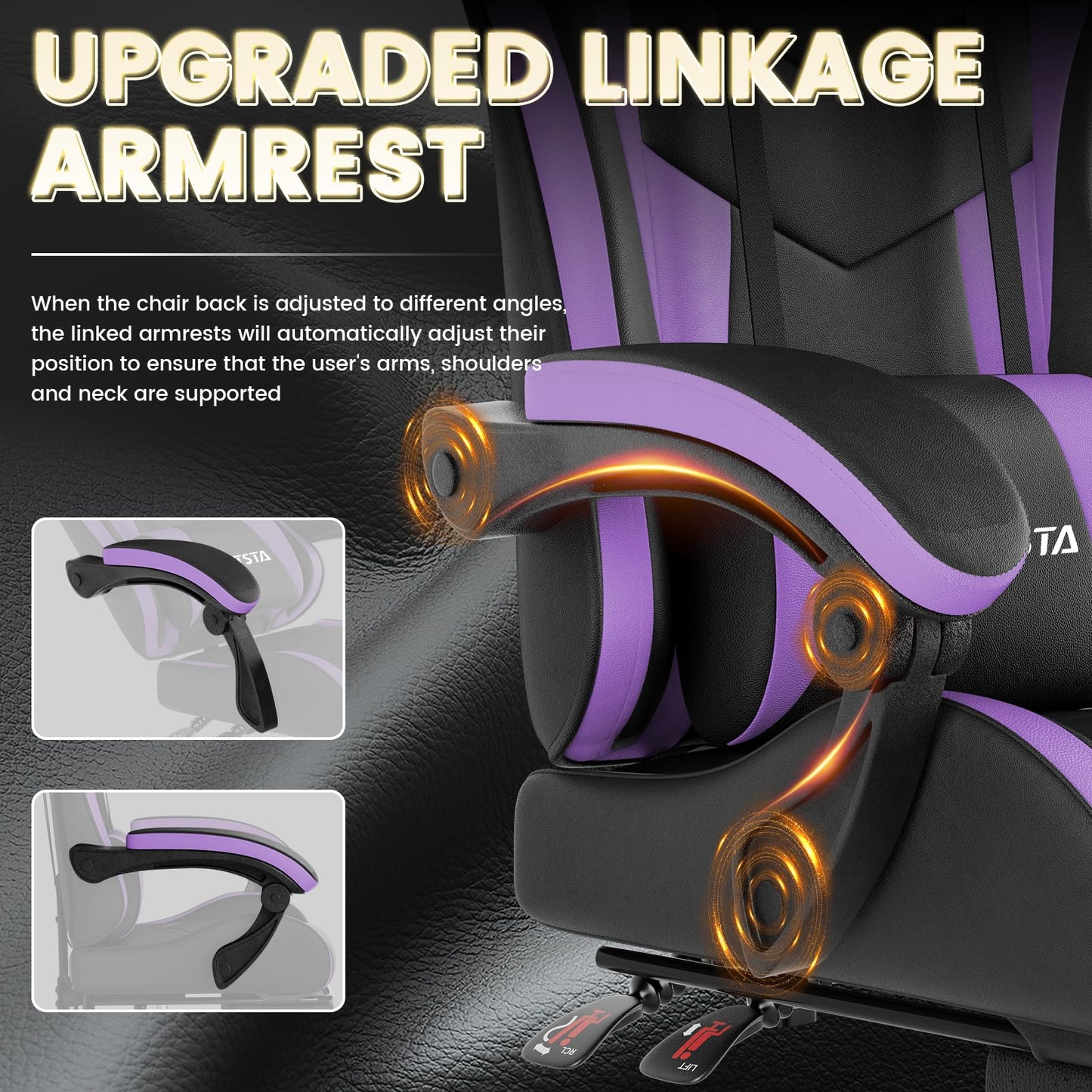 WOTSTA ergonomic gaming chair with footrest, lumbar support, headrest, height adjustability, and 360° swivel in black and purple.