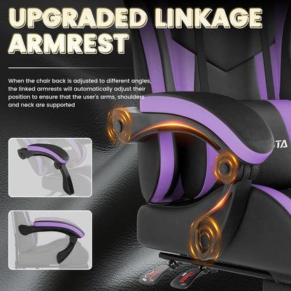 WOTSTA ergonomic gaming chair with footrest, lumbar support, headrest, height adjustability, and 360° swivel in black and purple.