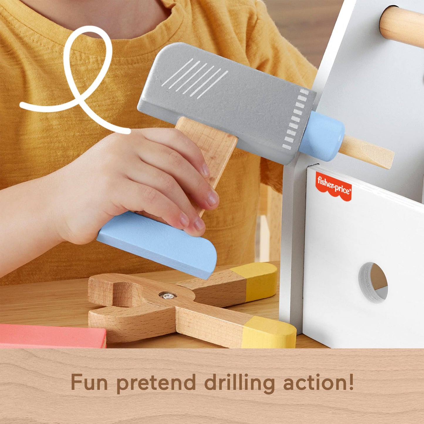 Fisher-Price wooden pretend play tool box with drill and building tools, 9-piece construction toy set for preschool kids ages 3+