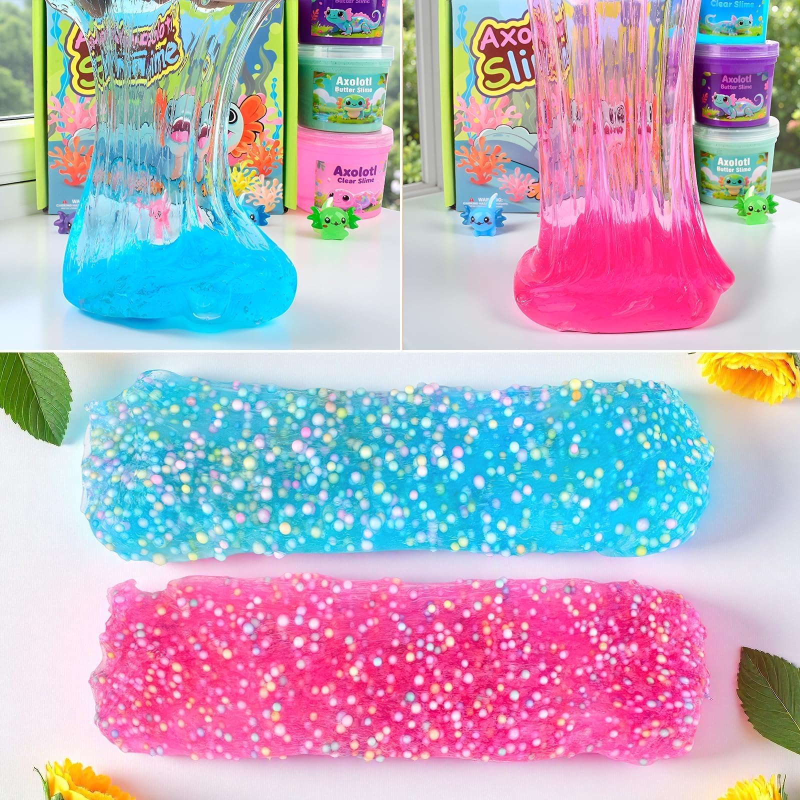 Four packs of Kaoerdce Axolotl fluffy slime kit with pink, blue, purple, and green slime, charms, and soft, stretchy textures for kids.