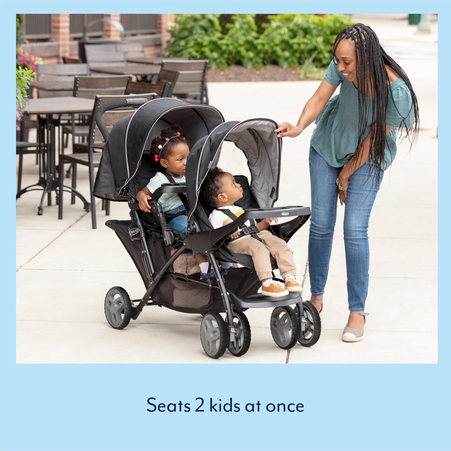 Graco Stadium Duo Tandem Double Pushchair - Suitable from birth to approx. 3 years (15kgs). Car Seat Compatible with SnugEssentials iSize infant car seat, Black/Grey fashion