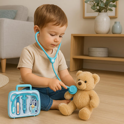 5 Pcs Bluey's Medical Case for Kids – Doctor Toy Set with Stethoscope, Thermometer, Syringe & More | Pretend Role Play Kit | Portable Light Blue Carry Case | Ages 3+